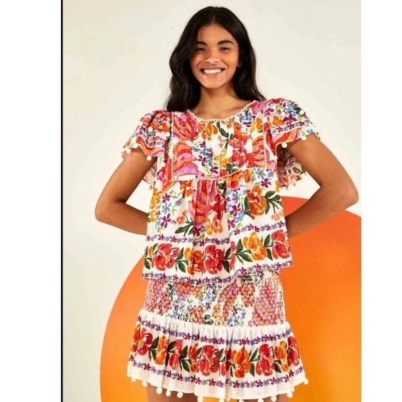 FARM Rio Dresses & Skirts - FARM Rio Women L/XL Skirt Set Spring Bananas Floral Pom Pom Smocked Multi
